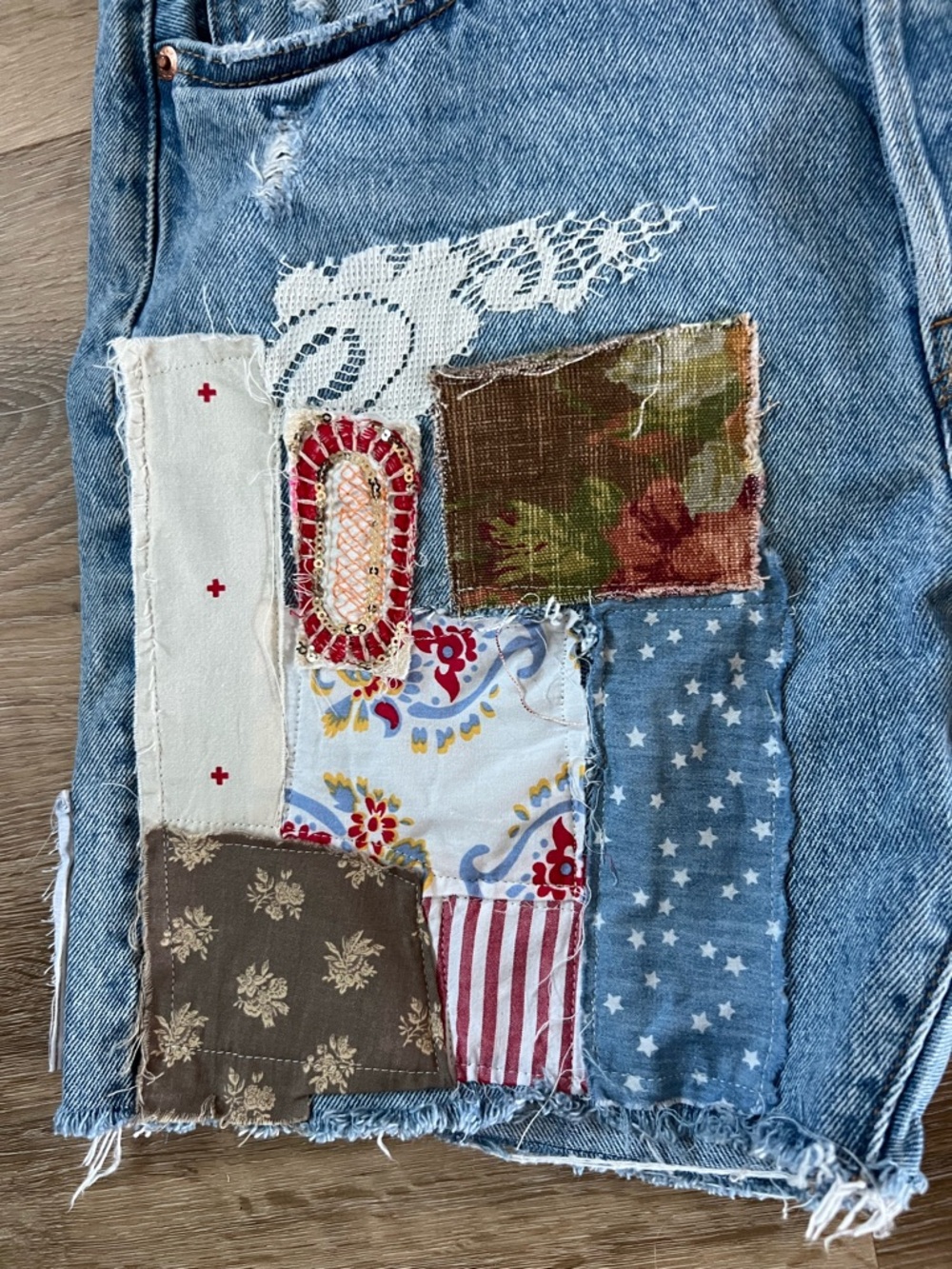 Upcycled Levi's Blue Patchwork High-Rise Jean Shorts - Picture 4 of 9